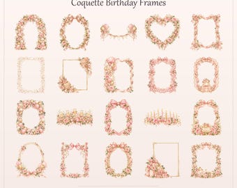 Coquette Birthday Invitation Clipart, Watercolor Frames, Balloons, Roses (20 PNG Files)