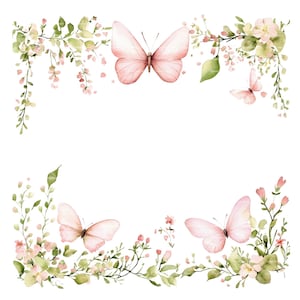 Invito per bambina Farfalla Clipart Bordo floreale Baby Shower Compleanno Acquerello Cornice PNG Rosa Download digitale Carta Giornale spazzatura