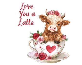 Highland Cow Valentine Clipart: Watercolor Flowers, Mug PNG (Digital Download)