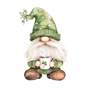 St Patricks Day Gnome Watercolor Clipart PNG Cute Green Clover St Pattys Day Instant Digital Download Gift Junk Journal Stickers