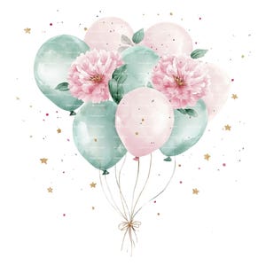 Clipart de globo de cumpleaños Clavel Mes de nacimiento de enero Flor rosa PNG para invitación Tarjeta de agradecimiento Descarga digital Diario basura