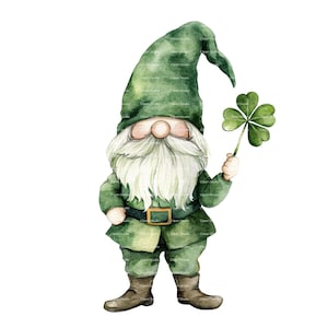 St Patricks Day Gnome Watercolor Clipart: Green Clover PNG (Digital Download)