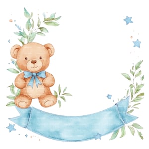 Invitation bébé garçon ours en peluche bordure Clipart Baby Shower anniversaire aquarelle bannière cadre PNG bleu téléchargement numérique carte Junk Journal