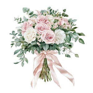 Buquê de casamento Clipart Rosas Eucalipto Rosa e Branco Convite Cartão de agradecimento Imprimível Aquarela Clipart Download digital Junk Journal