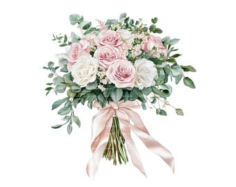 Watercolor Wedding Bouquet Clipart: Pink Roses & Eucalyptus (Digital Download)