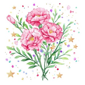 Clipart de ramo de flores del mes de nacimiento de clavel, cumpleaños de enero, PNG para invitación, tarjeta de agradecimiento, descarga digital instantánea, diario basura