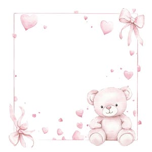 Bordure de clipart ours en peluche rose Invitation bébé fille Shower de bébé anniversaire cadre aquarelle PNG en téléchargement numérique carte Journal indésirable