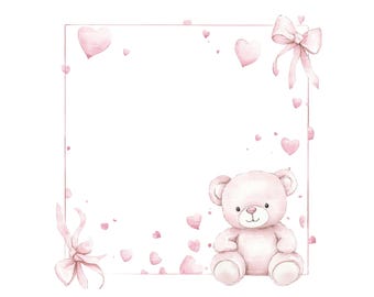 Teddy Bear Baby Girl Shower Frame PNG JPEG Clipart Watercolor Frame ...