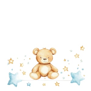 Invitation bébé garçon ours en peluche bordure de clipart étoiles Baby Shower anniversaire cadre aquarelle PNG bleu carte de téléchargement numérique Junk Journal