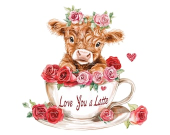 Highland Cow Valentine Clipart: Watercolor Flowers, Mug PNG (Digital Download)