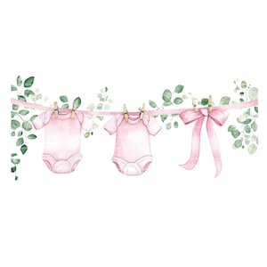 Babymeisje uitnodiging kleding clipart groen grens babyshower verjaardag aquarel frame PNG roze digitale download kaart ongewenste dagboek