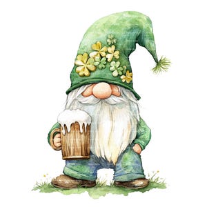 St Patricks Day Gnome Watercolor Clipart: Green Clover PNG (Digital Download)