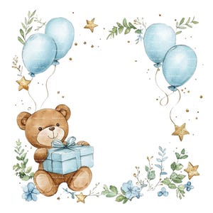 Invito per neonato Orsetto Clipart Bordo Baby Shower Compleanno Acquerello Palloncino Cornice PNG Blu Download digitale Carta Junk Journal
