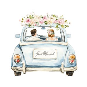 結婚したばかりの車、新郎新婦の結婚式招待状用クリップアート、サンキューカード、印刷可能な水彩クリップアート、デジタルダウンロード、ジャンクジャーナル