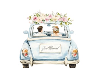 Watercolor Wedding Car Clipart: Bride and Groom (Digital Download)