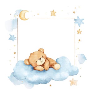Invitation bébé garçon ours en peluche bordure des cliparts lune étoiles Baby Shower anniversaire cadre aquarelle PNG bleu carte de téléchargement numérique Junk Journal