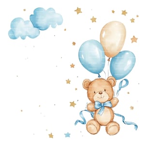 Invitation bébé garçon ours en peluche bordure Clipart Baby Shower anniversaire aquarelle ballon cadeau cadre PNG bleu carte de téléchargement numérique Junk Journal