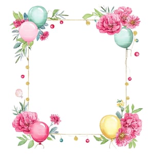 Clipart de borde de cumpleaños Globo Clavel Mes de nacimiento Flor Enero PNG para invitación Tarjeta de agradecimiento Descarga digital instantánea Diario basura