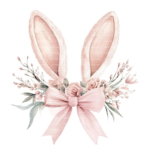 May include: Pink bunny ears with a pink bow and a floral arrangement of pink and white flowers and green leaves.