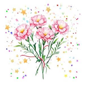 Clipart de ramo de flores del mes de nacimiento de clavel, cumpleaños de enero, PNG para invitación, tarjeta de agradecimiento, descarga digital instantánea, diario basura