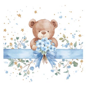 Baby Boy Invitation Teddy Bear Clipart Border Baby Shower Birthday Watercolor Frame PNG Blue Digital Download Card Junk Journal