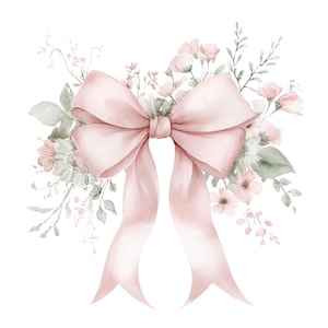 May include: A watercolor illustration of a pink bow with a floral arrangement of pink and white flowers and green leaves.