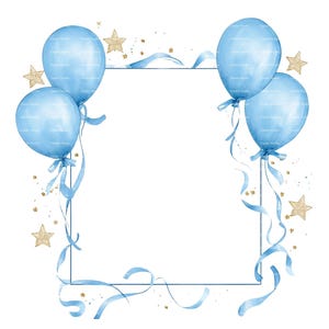 Baby Boy Invitation Balloon Frame Clipart Border Baby Shower Birthday Watercolor Frame PNG Blue Digital Download Card Junk Journal
