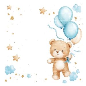 Baby Boy Invitation Teddy Bear Clipart Border Baby Shower Birthday Watercolor Balloon Gift Frame PNG Blue Digital Download Card Junk Journal