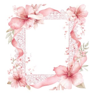 Faire-part pour bébé fille fleur rose dentelle bordure des cliparts Baby Shower anniversaire cadre aquarelle PNG carte en téléchargement numérique Journal indésirable