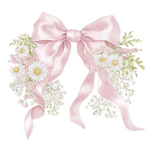 Lazo de cinta de coqueta rosa PNG Acuarela Flor de boda Clipart Estampado floral colorido Descarga digital instantánea Diario basura