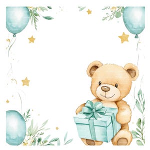 Baby Boy Einladung Teddybär Clipart Bordüre Baby Shower Geburtstag Aquarell Ballon Rahmen PNG Blau Digital Download Karte Junk Journal