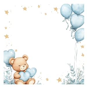 Convite para bebê menino urso de pelúcia clipart borda chá de bebê aniversário aquarela balão moldura png azul digital download cartão lixo diário