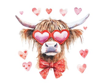 Watercolor Highland Cow Valentines Clipart: Red Hearts, Bow (PNG Digital Download)