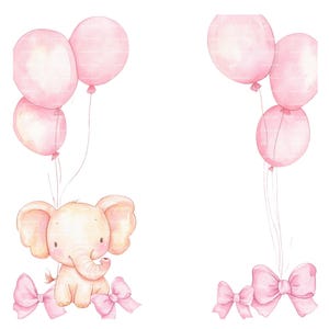 Baby Mädchen Einladung Elefant Bogen Ballon Clipart Bordüre Baby Shower Geburtstag Aquarell Rahmen PNG Rosa Digital Download Karte Junk Journal