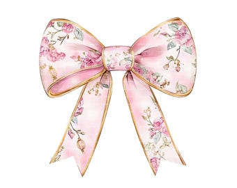 Pink Floral Ribbon Bow Clipart: Coquette Watercolor (Digital Download)