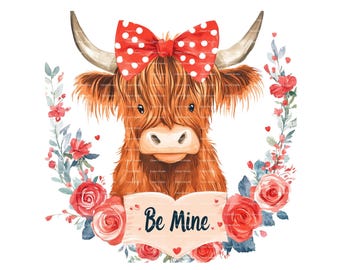 Highland Cow Valentine Clipart: Watercolor Roses, Bow (PNG Digital Download)