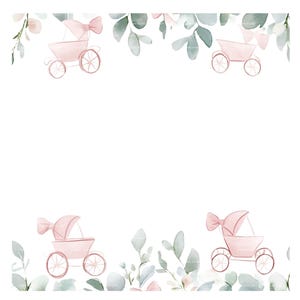 Invitación de niña con cochecito de bebé, clipart con borde verde, baby shower, cumpleaños, acuarela, marco PNG, rosa, descarga digital, tarjeta, diario basura