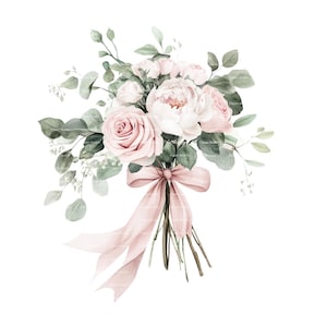 Bouquet de mariage Clipart roses Eucalyptus rose et blanc Invitation carte de remerciement Imprimable aquarelle Clipart Digital Download Junk Journal
