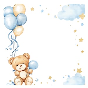 Invitation bébé garçon ours en peluche bordure des cliparts lune étoiles Baby Shower anniversaire cadre aquarelle PNG bleu carte de téléchargement numérique Junk Journal