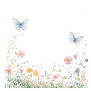Bordure de cliparts cadre papillon fleurs sauvages PNG pour carte d'invitation carte de remerciement Clipart aquarelle imprimable en téléchargement numérique Junk Journal