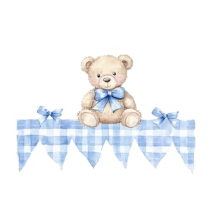 Baby Boy Invitation Teddy Bear Bow Clipart Border Baby Shower Birthday Watercolor Frame PNG Blue Digital Download Card Junk Journal