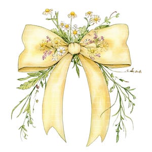 Coquette Ribbon Bow PNG Watercolor Flower Clipart Colorful Yellow Chinoiserie Floral Print Instant Digital Download Junk Journal