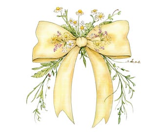 Coquette Ribbon Bow PNG: Yellow Floral Watercolor Clipart (Digital Download)