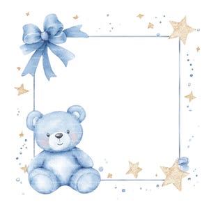 Baby Boy Einladung Teddybär Schleife Clipart Border Baby Shower Geburtstag Aquarell Rahmen PNG Blau Digital Download Karte Junk Journal