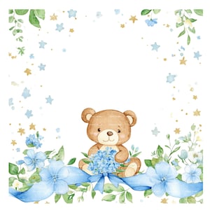 Invitation bébé garçon ours en peluche bordure Clipart Baby Shower anniversaire cadre aquarelle PNG bleu carte de téléchargement numérique Junk Journal