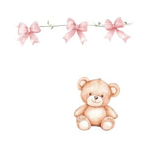 Baby Mädchen Einladung Teddybär Clipart Bordüre Bogen Ballon Baby Shower Geburtstag Aquarell Rahmen PNG Rosa Digital Download Karte Junk Journal