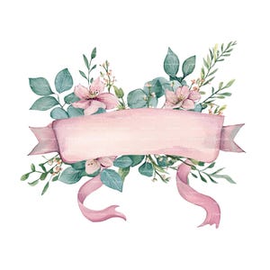 Babymeisje uitnodiging roze banner clipart bloemen lint babyshower verjaardag aquarel png digitale download kaart ongewenste dagboek