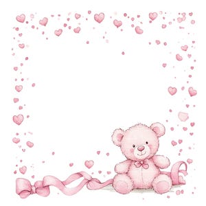 Bordure de clipart ours en peluche rose Invitation bébé fille Shower de bébé anniversaire cadre aquarelle PNG en téléchargement numérique carte Journal indésirable