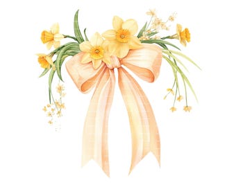 Watercolor Ribbon Bow Clipart: Pastel Floral Bouquet (Digital Download)