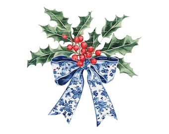 Chinoiserie Christmas Bow Clipart: Holly Watercolor (Digital Download)
